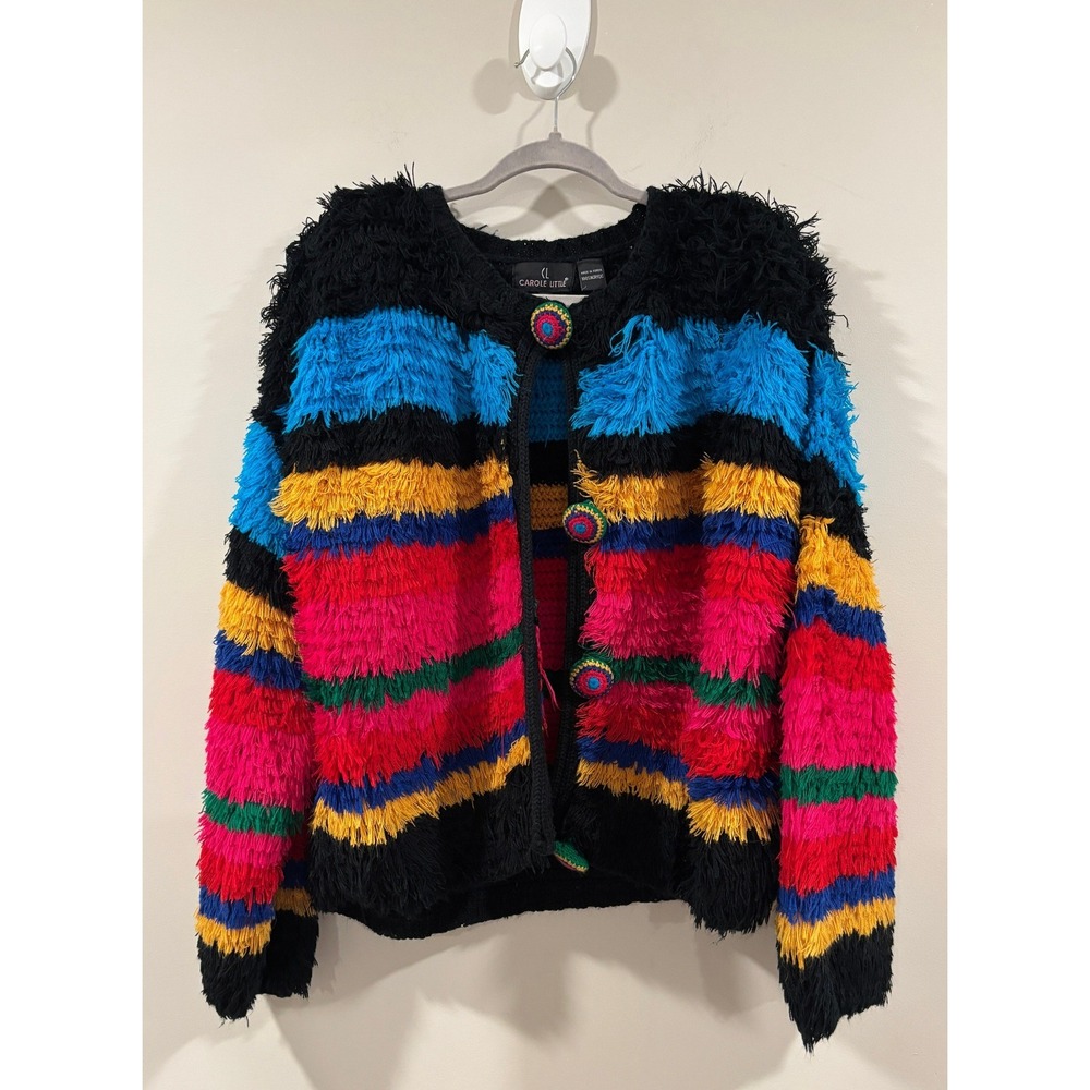 Carole Little Cardigan Multi-Color Striped Shaggy Eyelash Knit Crochet Buttons